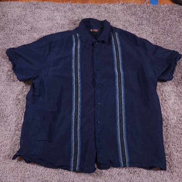 Centro Button Shirt Mens 2XL Short Sleeve Blue Striped Ramie Rayon Bowling - Picture 1 of 16